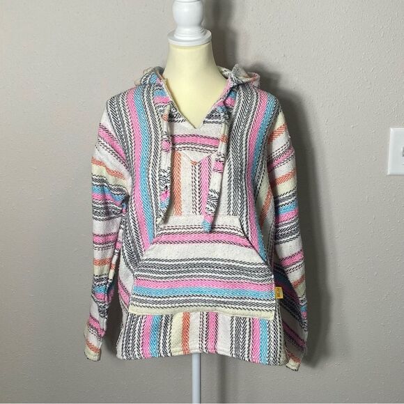 Artesanias Molina Aztec Mexican Striped Pullover Cotton Hoodie Size Medium - Picture 14 of 15
